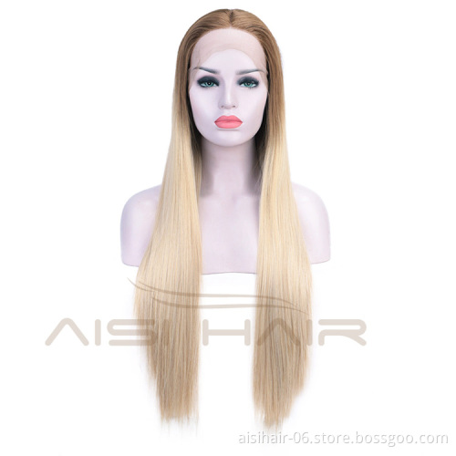 Aisi Hair Ombre Blonde Lace Front Long Wigs Heat Resistant Synthetic Fiber Long Silk Straight Lace Front Wigs For Women
